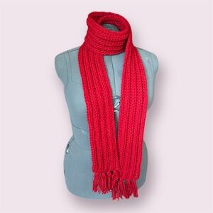 Red Handmade Crochet Scarf with Fringe Tassels